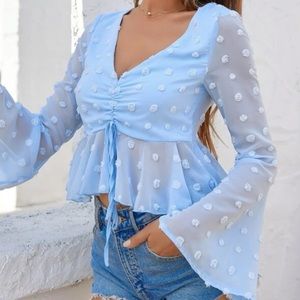 Bell Sleeve Drawstring Swiss Dot Peplum Top
